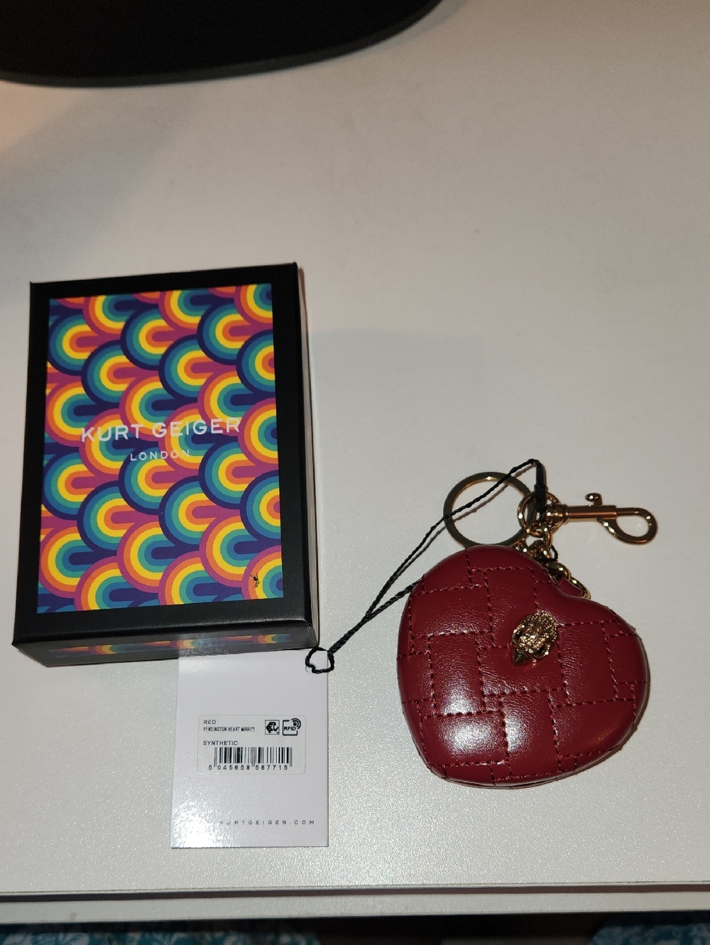 Kurt Geiger Red Quilted Heart Keychain Mirror with Gold Hardware